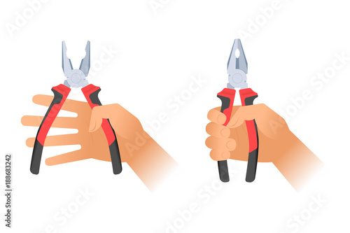 Human hands holding two pairs of pliers. Builder, construction and repair hand tools with plastic handles. Flat illustration of combination pliers. Vector design elements isolated on white background.