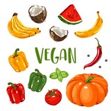 Vegan vector lettering with hand drawn fruits and vegetables.