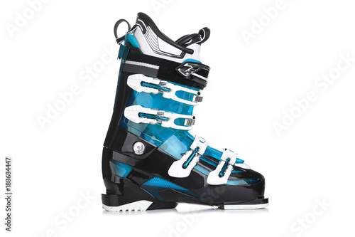 Profesional Blue ski boots isolated on white background