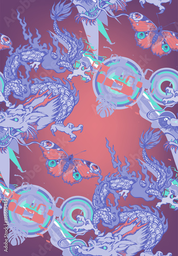Seamless pattern of asian dragon and butterfly