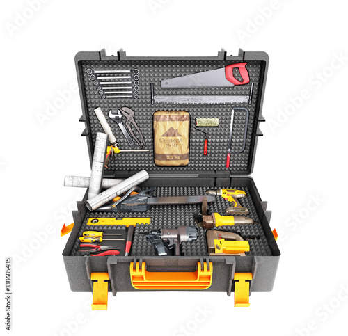 A set of tools in the case 3d render on white background no shadow