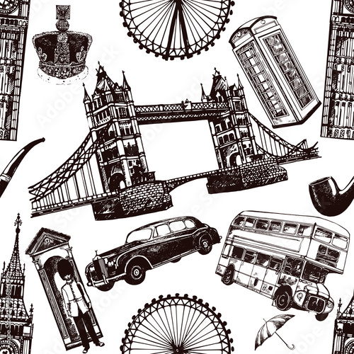 Seamless pattern of hand drawn sketch style England themed objects. Vector illustration isolated on white background.