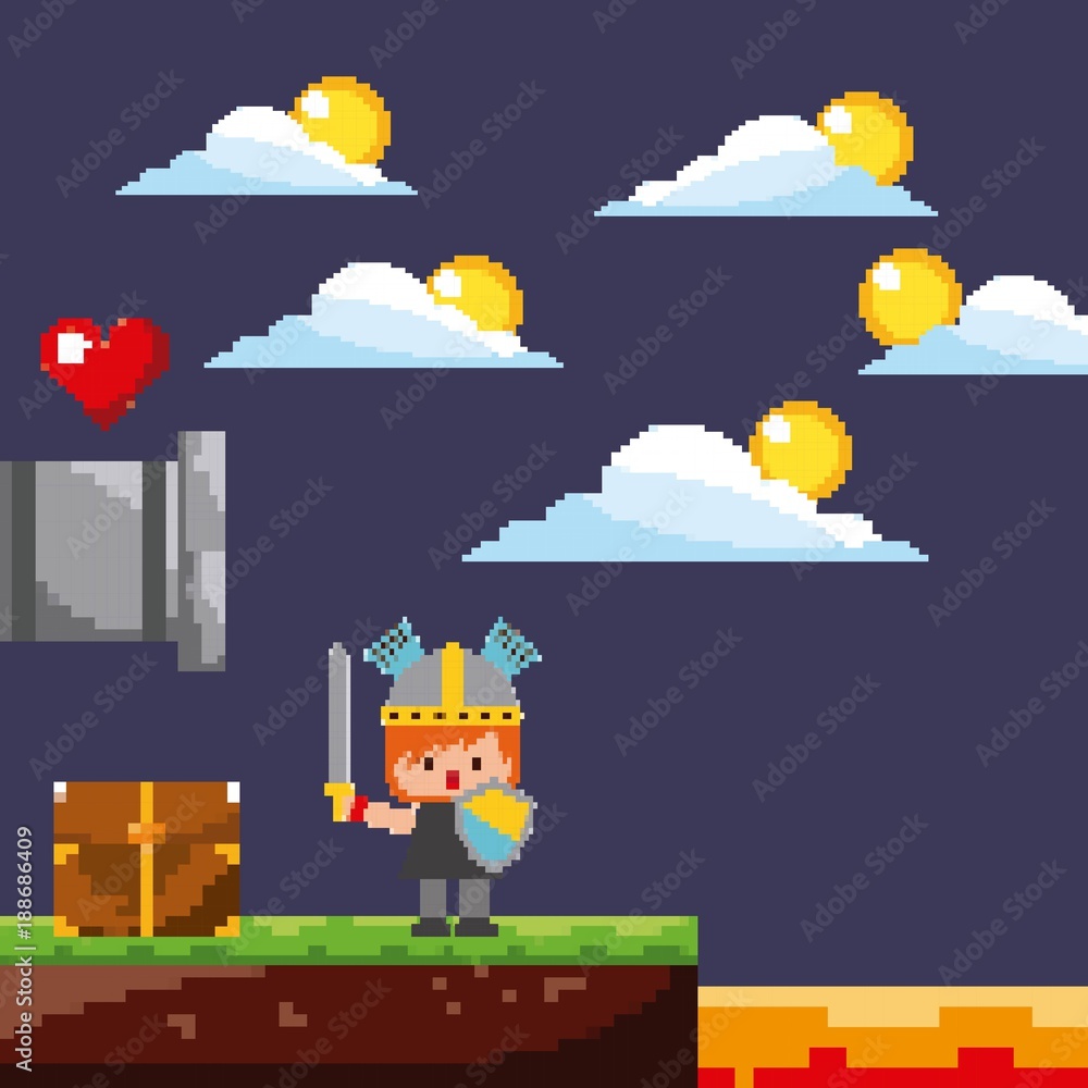 Fototapeta premium pixel game scene warrior coins life clouds treasure vector illustration