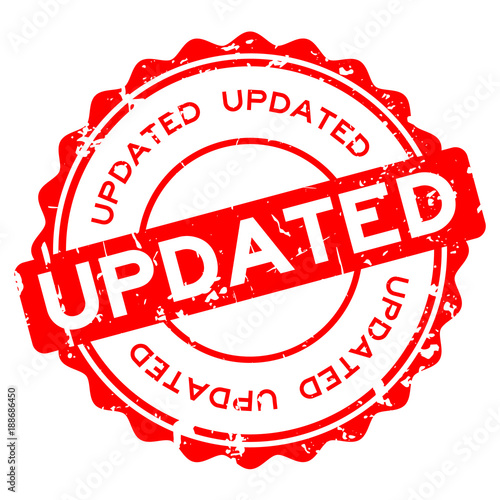 Grunge red updated word round rubber seal buiness stamp on white background