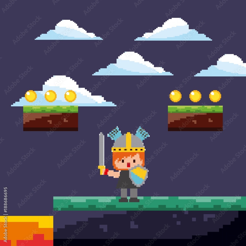pixel game warrior with gold coins and landscape vector illustration