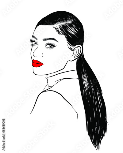 Hand-drawn black woman with curly ponytail and luxurious hair. Girl with perfectly shaped eyebrows and full lashes. Idea for business visit card, typography vector. Perfect salon look.