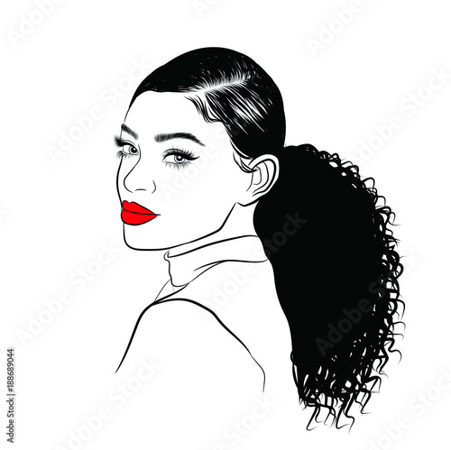 Hand-drawn black woman with curly ponytail and luxurious hair. Girl with perfectly shaped eyebrows and full lashes. Idea for business visit card, typography vector. Perfect salon look.