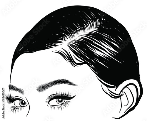 Hand-drawn black woman with curly ponytail and luxurious hair. Girl with perfectly shaped eyebrows and full lashes. Idea for business visit card, typography vector. Perfect salon look.
