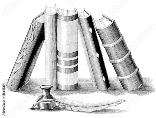 Vintage book with quill pen and ink button hand drawing engraving illustration