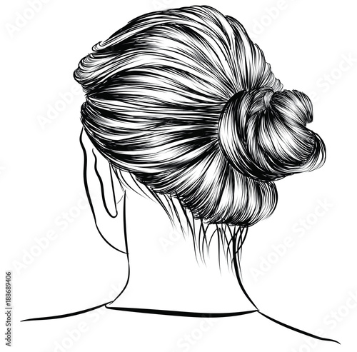 Hand-drawn beauty woman with luxurious cute bun hairstyle. Idea for card typography vector.Wedding style