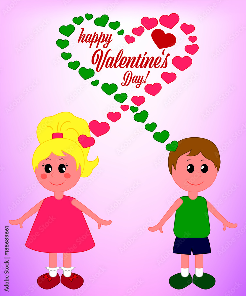 Girl and boy with thoughts-hearts, Happy Valentine's Day Card Girl and boy with thoughts-hearts, Happy Valentine's Day Card