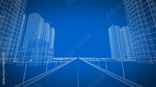 Moving Through the Growing Modern City Digital 3d Blueprint. Construction and Technology Concept. Blue color 3d animation. 4k UHD 3840x2160.