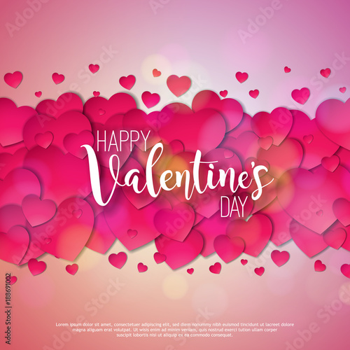 Happy Valentines Day Design with Red Heart on Shiny Pink Background. Vector Wedding and Love Theme Illustration for Greeting Card, Party Invitation or Promo Banner.