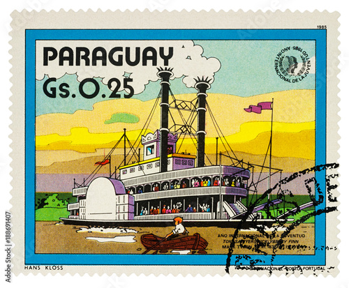 Old Mississippi steamboat on postage stamp
