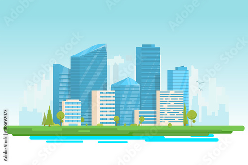 City buildings vector illustration. Small building, big skyscrapers and large city tall skyscrapers on background. Urban street with park and trees near cityscape. Metropolis background.