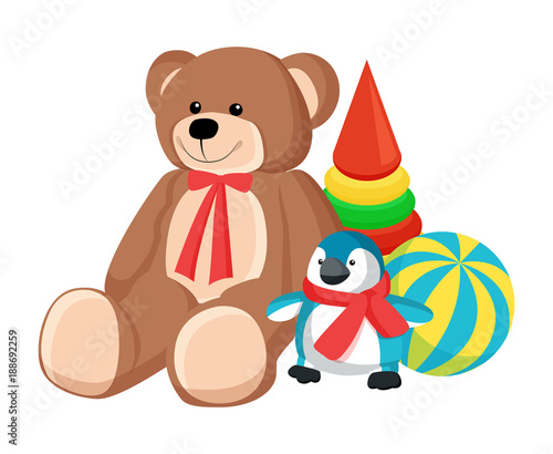 Teddy Bear and Penguin Toys Vector Illustration