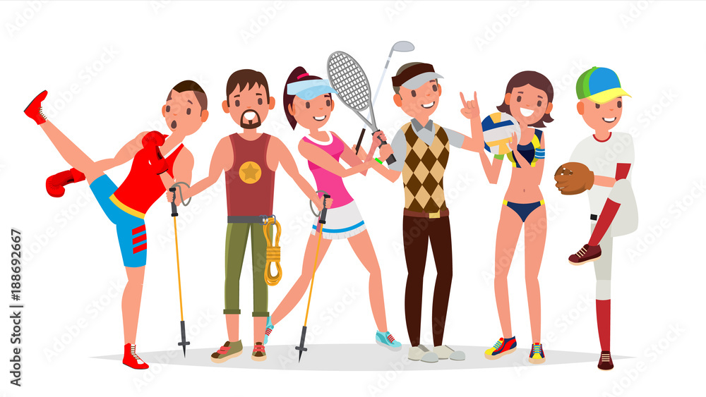 Summer Sports Vector. Set Of Players In Boxing, Hiking, Basketball, Volleyball, Golf, Baseball. Isolated Flat Cartoon Illustration