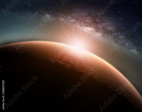 Fototapeta Naklejka Na Ścianę i Meble -  Landscape with Milky way galaxy. Sunrise and Planet view from space with Milky way galaxy. (Elements of this image furnished by NASA)