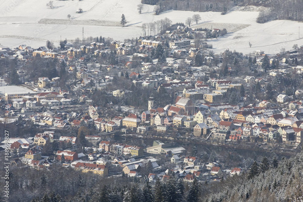 cityscape frohnleiten on river mur in winter, styria, austria cityscape frohnleiten on river mur in winter, styria, austria