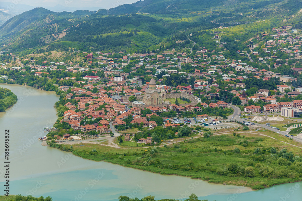 The Top View Of Mtskheta, Georgia, The Old Town Lies At The Confluence Of The Rivers Mtkvari And Aragvi. Svetitskhoveli Cathedral, Ancient Georgian Orthodox Church, Unesco Heritage In The Center