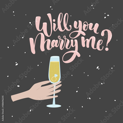 Will you marry me lettering. Hand drawn vector illustration, greeting card, design, logo for Valentine s Day.