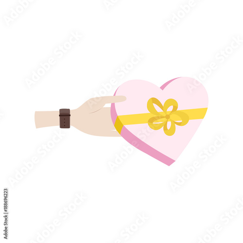 Vector valentine day greeting card in flat style - male hands holding a gift wrapping bow in flat style