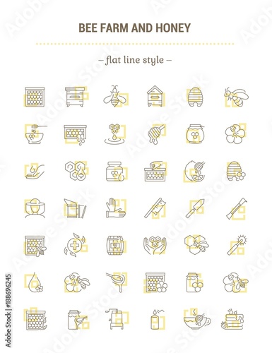 Vector graphic set. Icons in flat, contour, thin, minimal and linear design. Bee farm. Beekeeping, equipment, tool, instrument for work. Concept illustration for Web site, app. Sign, symbol, element.