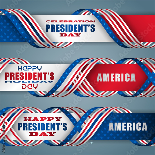 Set of web banners, background with texts and national flag colors for American President's Day, event celebration; Vector illustration