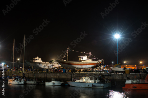 Essaouira port in Morocco. Night scenery. Boats of Essaouira at night