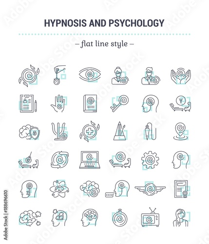 Vector graphic set.Icons in flat, contour,thin, minimal and linear design.Hypnosis, psychology. Science of mind control.Simple isolated icons.Concept illustration for Web site app.Sign,symbol,element.
