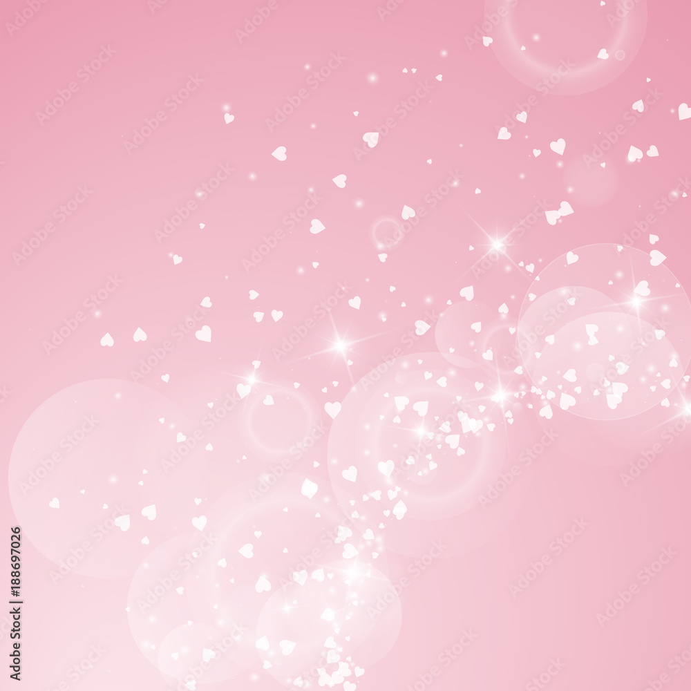 Falling hearts valentine background. Radiant right bottom corner on pink background. Falling hearts valentines day delicate design. Vector illustration.