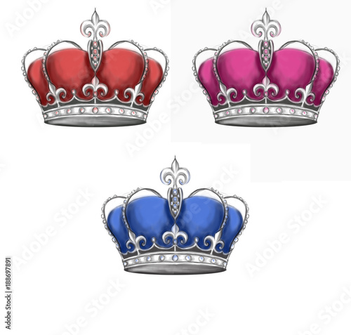 Different colored crowns in graphic style. Feminine tattoo sketch, colored illustrations