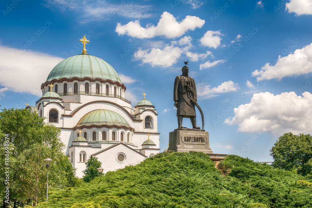 Belgrade, Serbia May 18, 2016: Church of Saint Sava and Monument to Karadjordje