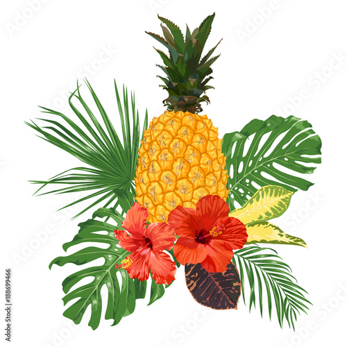 Pineapple, hibiscus flowers and tropical leaves. 