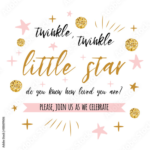 Twinkle twinkle little star text with gold polka dot and pink star for girl baby shower card invitation template