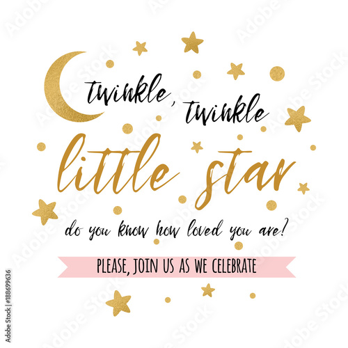 Twinkle twinkle little star text with gold star and moon for girl boy baby shower card invitation