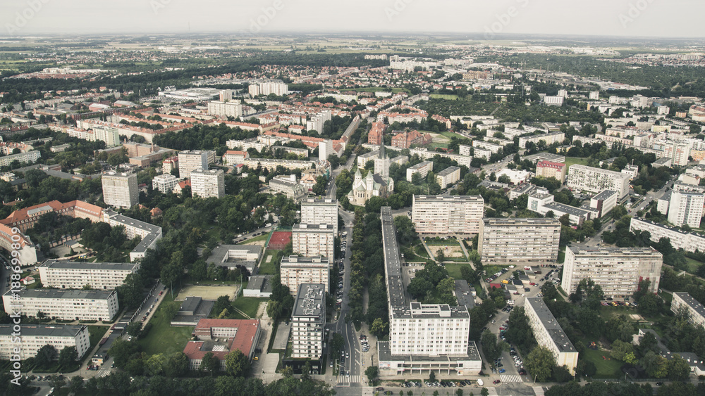 Panorama from great height to residential buildings and roads Wroclaw. Photo in retro style