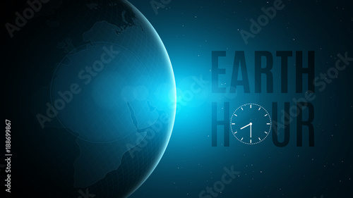 Earth Hour. Cosmic concept. Futuristic planet earth in space. 60 minutes without electricity. Sunrise with a blue glow. Global holiday. Abstract world map. Space and stars. Vector