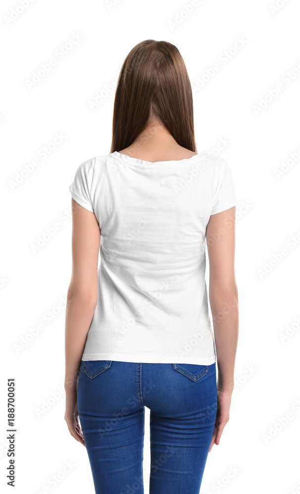 Young woman in t-shirt on white background. Mockup for design Young woman in t-shirt on white background. Mockup for design