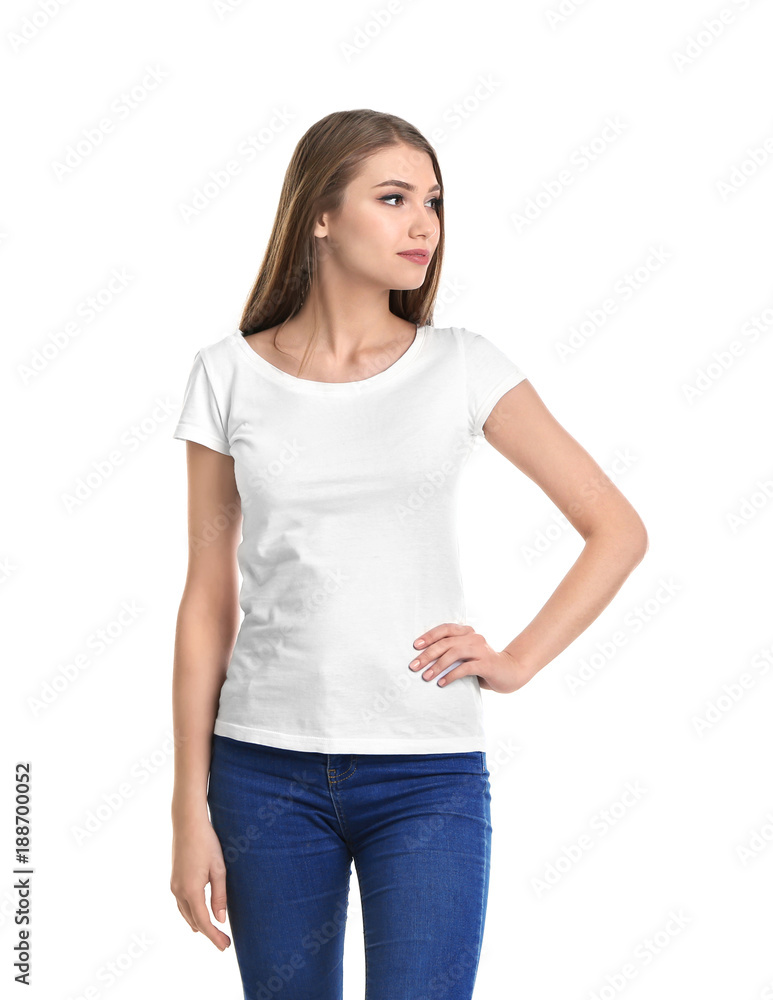 Young woman in t-shirt on white background. Mockup for design Young woman in t-shirt on white background. Mockup for design