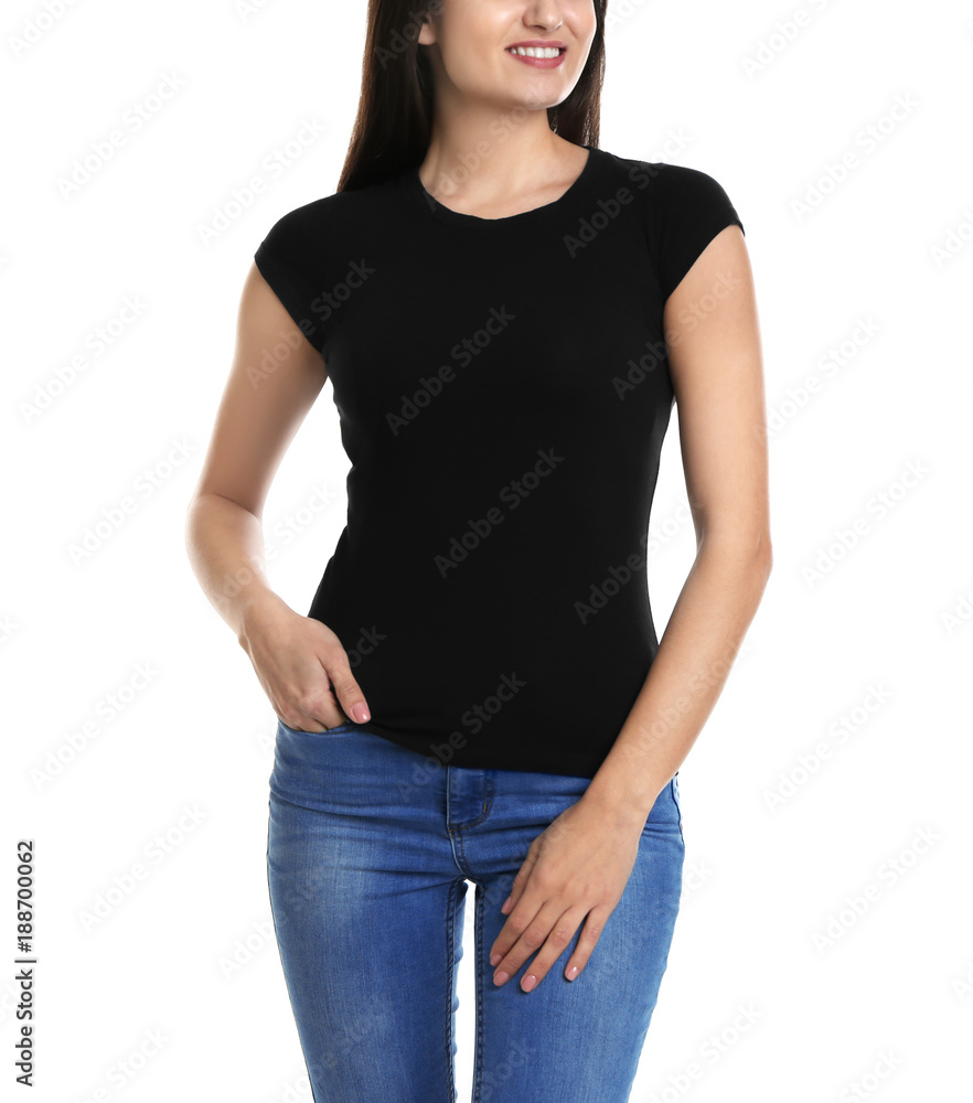 Obraz premium Young woman in black t-shirt on white background. Mockup for design