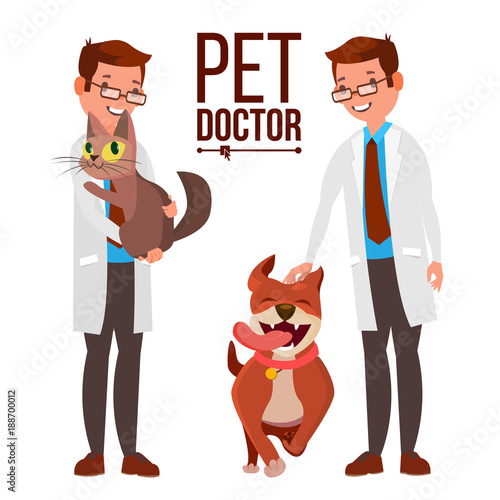 Veterinarian Male Vector. Dog And Cat. Medicine Hospital. Pet Doctor. Health Care Clinic Concept. Isolated Flat Cartoon Illustration