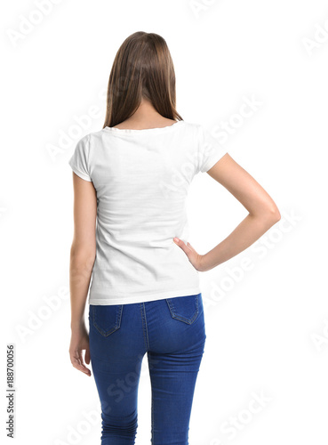 Young woman in t-shirt on white background. Mockup for design