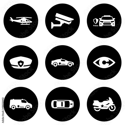 Set of white icons isolated against a black background, on a theme Police