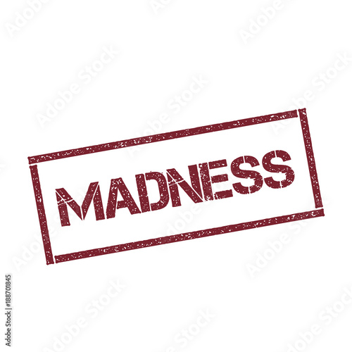Madness rectangular stamp. Textured red seal with text isolated on white background, vector illustration.