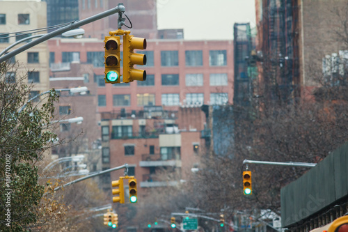 A lot of traffic lights on street of new york photo