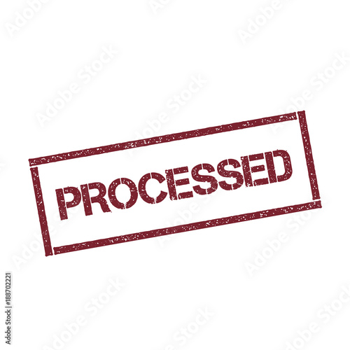 Processed rectangular stamp. Textured red seal with text isolated on white background, vector illustration.