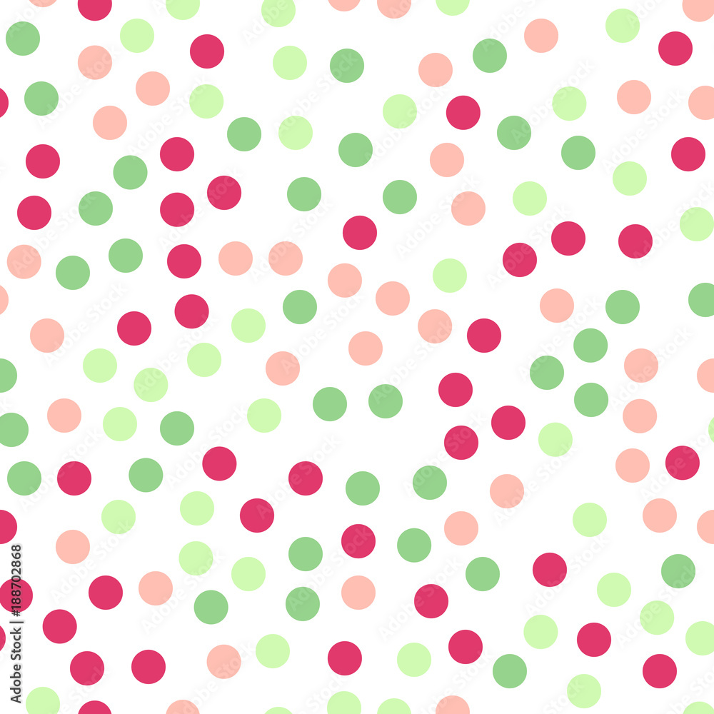 Colorful polka dots seamless pattern on white 20 background. Sightly classic colorful polka dots textile pattern. Seamless scattered confetti fall chaotic decor. Abstract vector illustration.