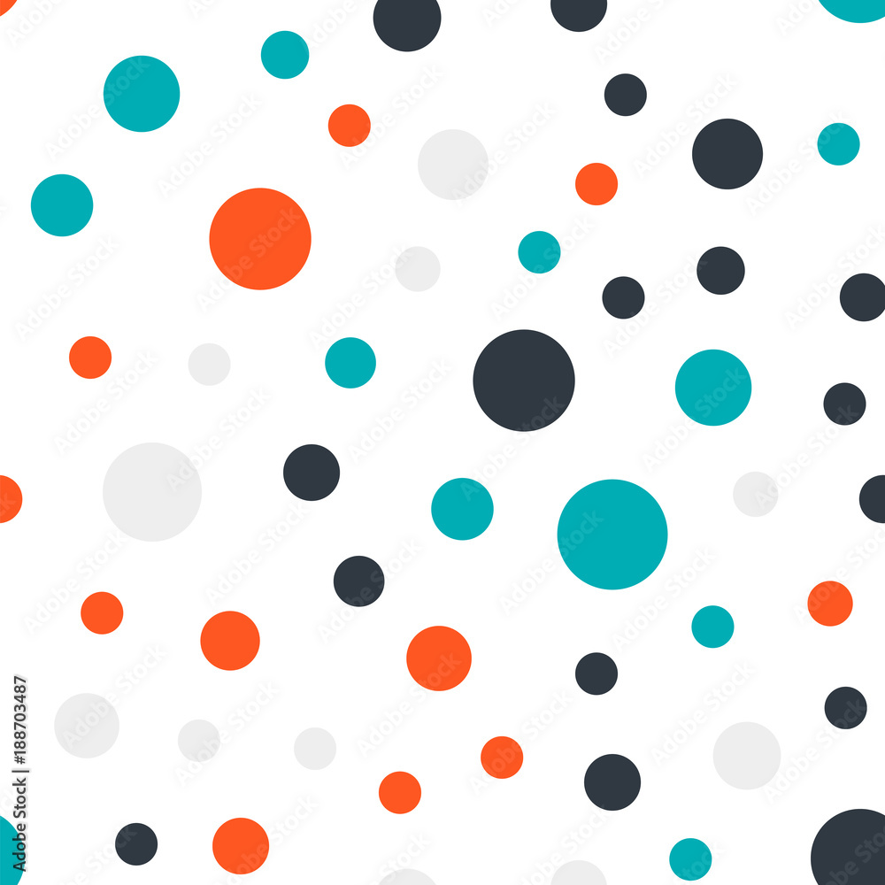 Colorful polka dots seamless pattern on white 17 background. Incredible classic colorful polka dots textile pattern. Seamless scattered confetti fall chaotic decor. Abstract vector illustration.