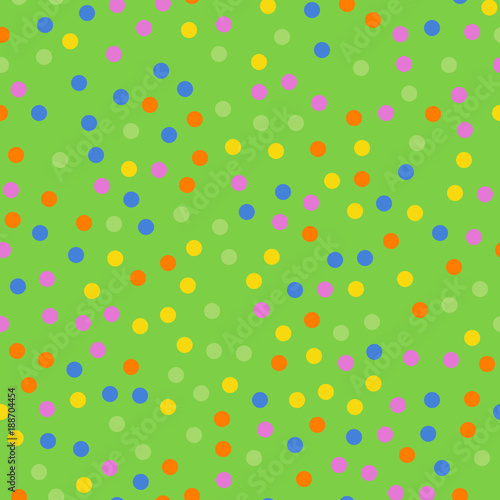Fototapeta Naklejka Na Ścianę i Meble -  Colorful polka dots seamless pattern on bright 2 background. Alluring classic colorful polka dots textile pattern. Seamless scattered confetti fall chaotic decor. Abstract vector illustration.